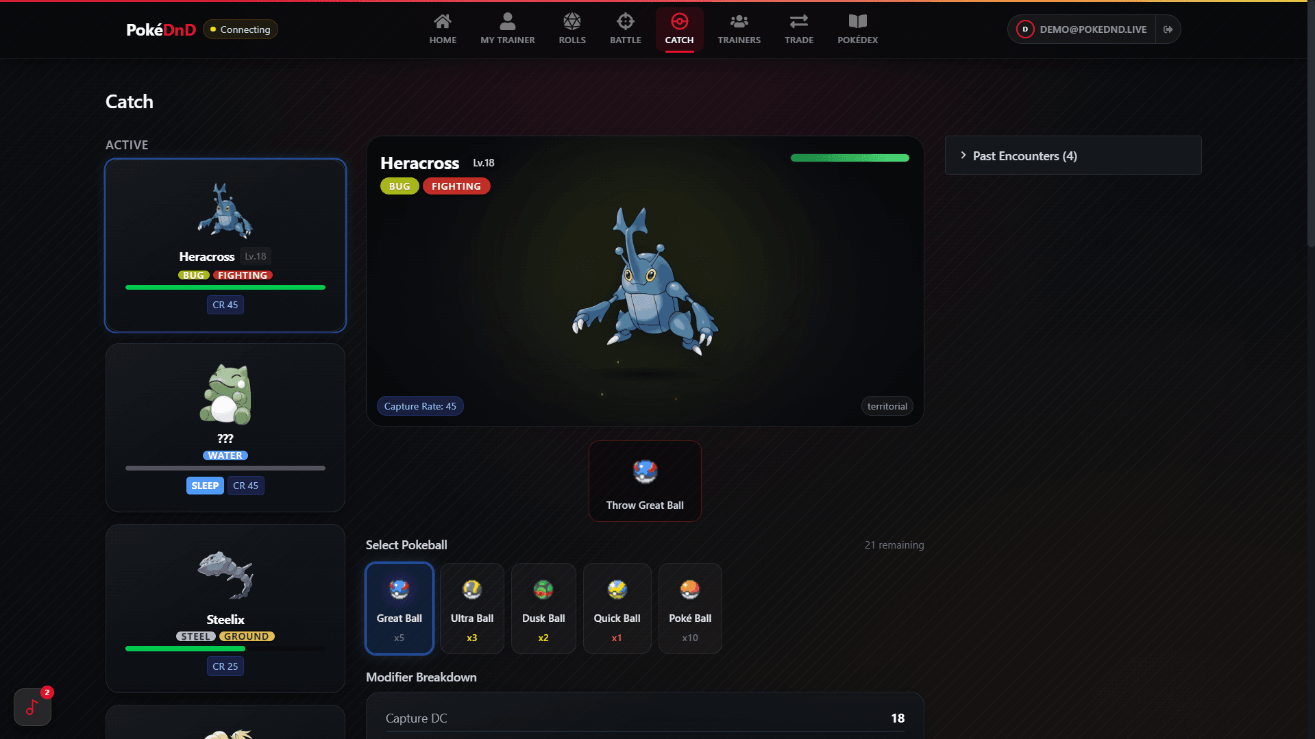 Catch encounter with ball inventory