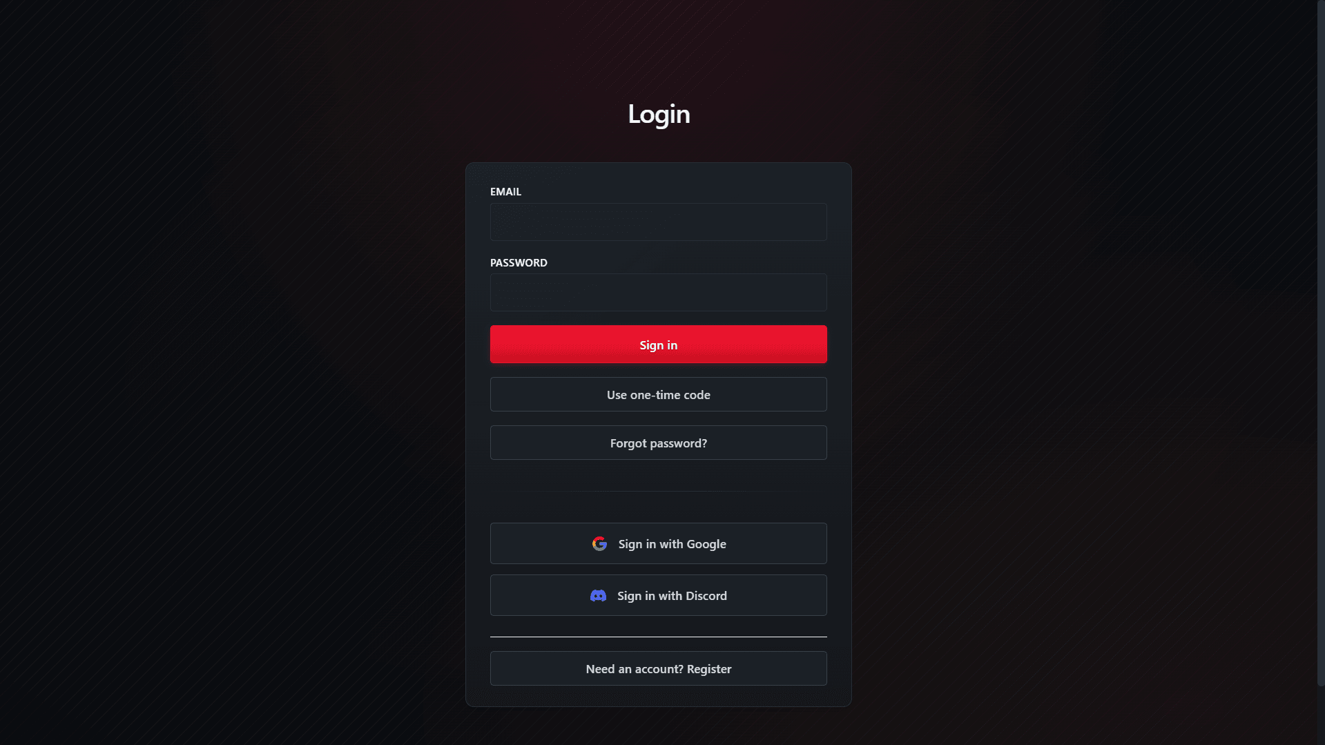 Login screen