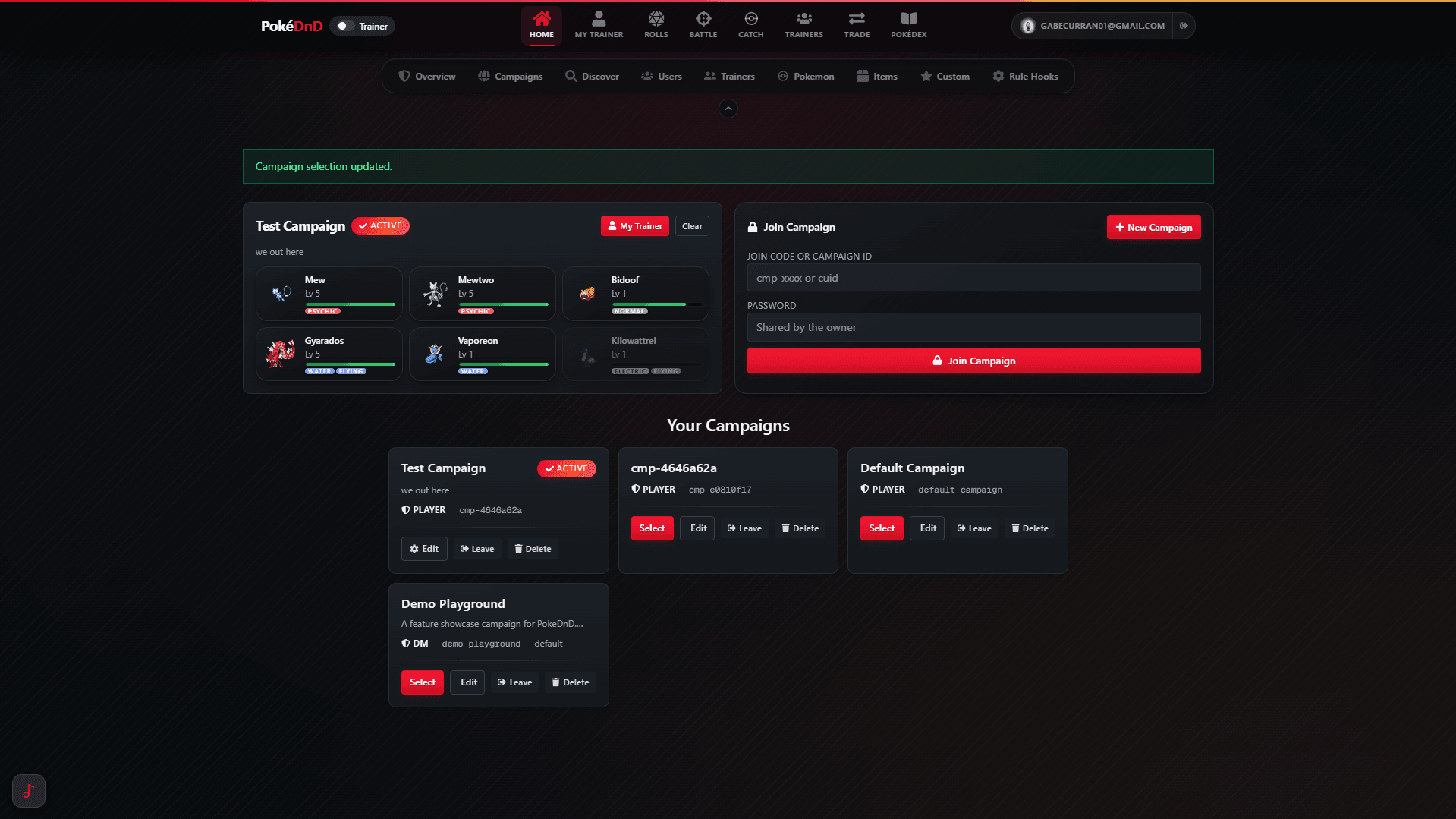 Home hub with active campaign and party