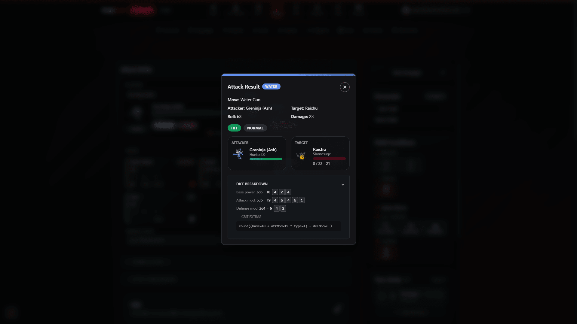 Attack result breakdown modal